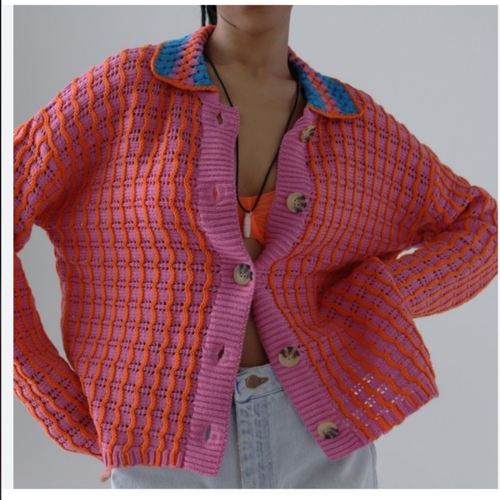BDG Pink and Orange Chunky Knit Cardigan Sweater
